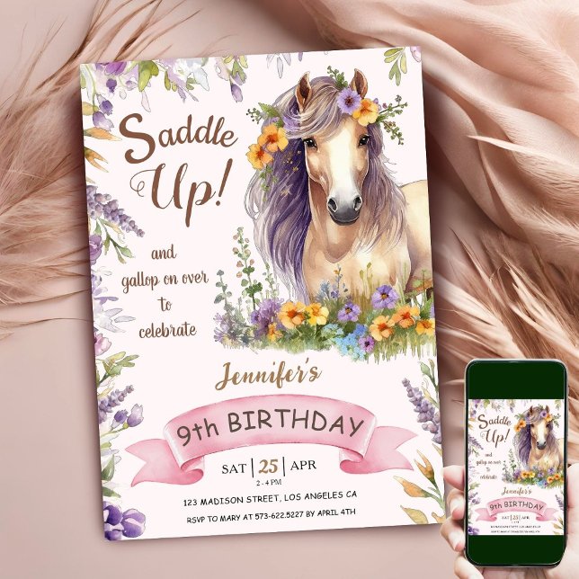 Invitation Cheval 9e Anniversaire Fille Floral Purple Saddup (Créateur téléchargé)