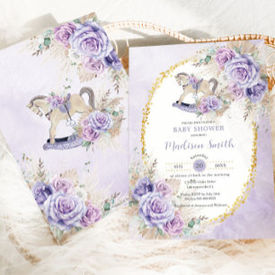 Invitation Cheval à bascule bébé floral violet Herbe des Pamp