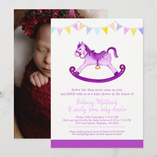Invitation Cheval à bascule en Baby shower Belé rencontré béb (Devant / Derrière)