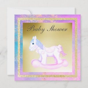 Invitation cheval à bascule pastel pailleté scintillant rose
