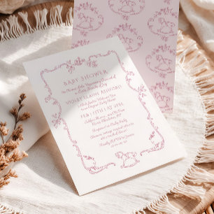 Invitation Cheval à bascule Toile de Jouy rose douche pour bé