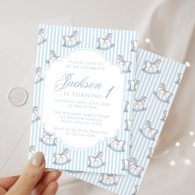 Invitation Cheval à cheval bleu clair rayé boho garçon d'anni (Créateur téléchargé)