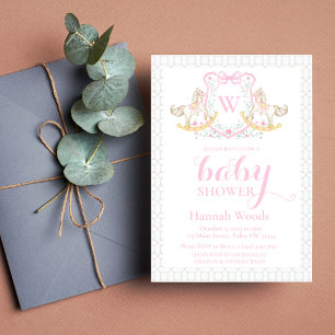 Invitation Cheval à rocher Monogramme rose Baby shower coquet