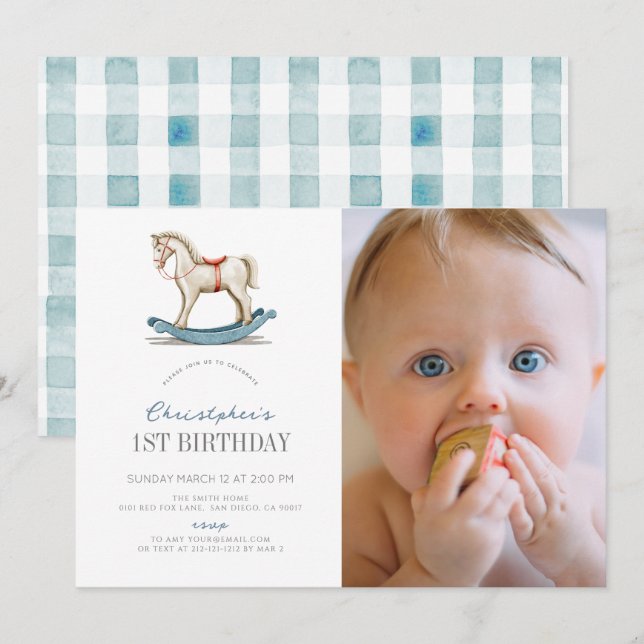 Invitation Cheval à roches Blue Boy Photo 1er anniversaire (Devant / Derrière)