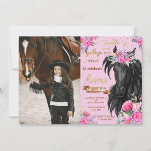 Invitation Cheval Anniversaire Fête Cowgirl rose Floral Anniv