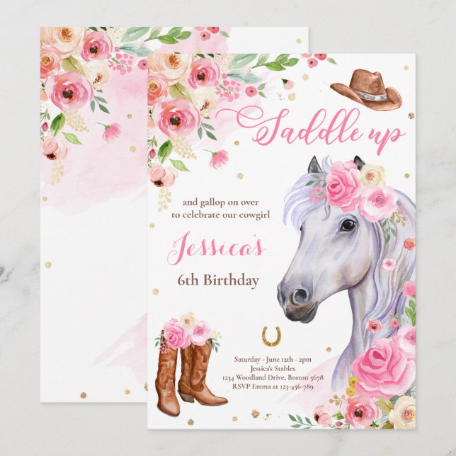 Invitation Cheval Anniversaire Fête Cowgirl rose Floral Anniv (Devant / Derrière)
