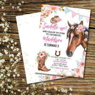 Invitation Cheval Anniversaire Fête Cowgirl rose Floral Anniv