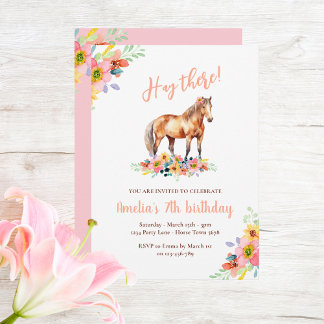 Invitation Cheval Anniversaire Floral Pony rose