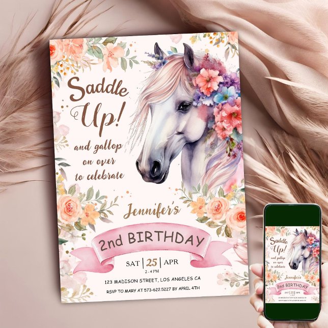 Invitation Cheval Blanc 2e anniversaire Floral Girl Saddup in (Créateur téléchargé)