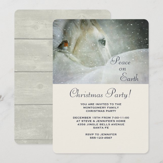 Invitation Cheval blanc et oiseau à la fête de Noël d'hiver (Devant / Derrière)