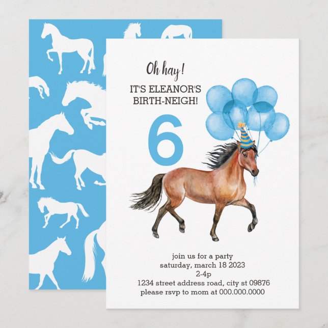 Invitation Cheval Bleu Anniversaire //Oh Hay C'est votre neig (Devant / Derrière)