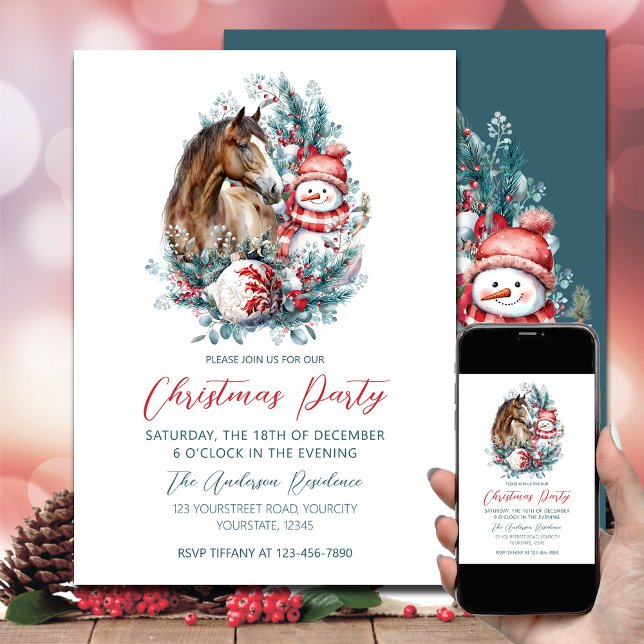 Invitation Cheval bonhomme de neige aquarelle de Noël élégant (Horse snowman Christmas invitation)