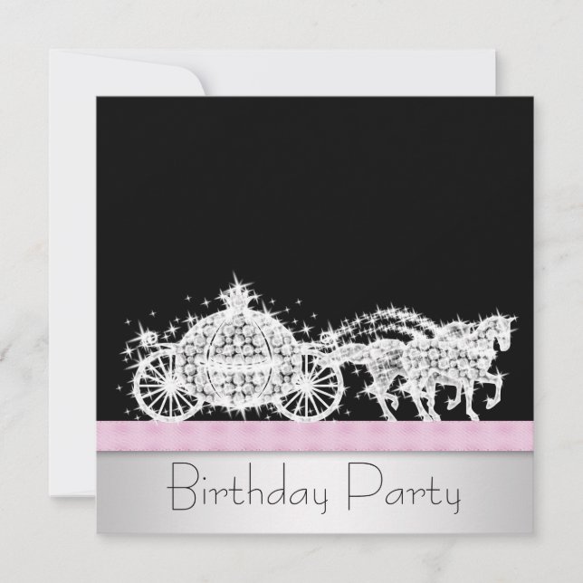 Invitation Cheval Carriage Rose Black Princesse Anniversaire (Devant)