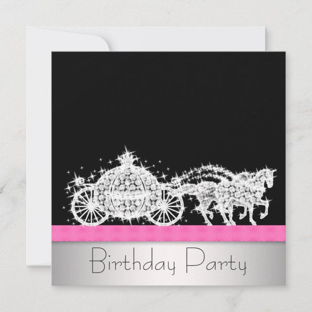 Invitation Cheval Carriage Rose Black Princesse Anniversaire (Devant)