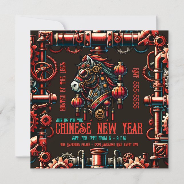 Invitation Cheval chinois de Nouvel An Steampunk (Devant)