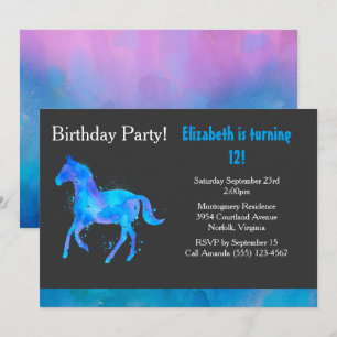Invitation Cheval cool en Aquarelles bleu et violet Anniversa