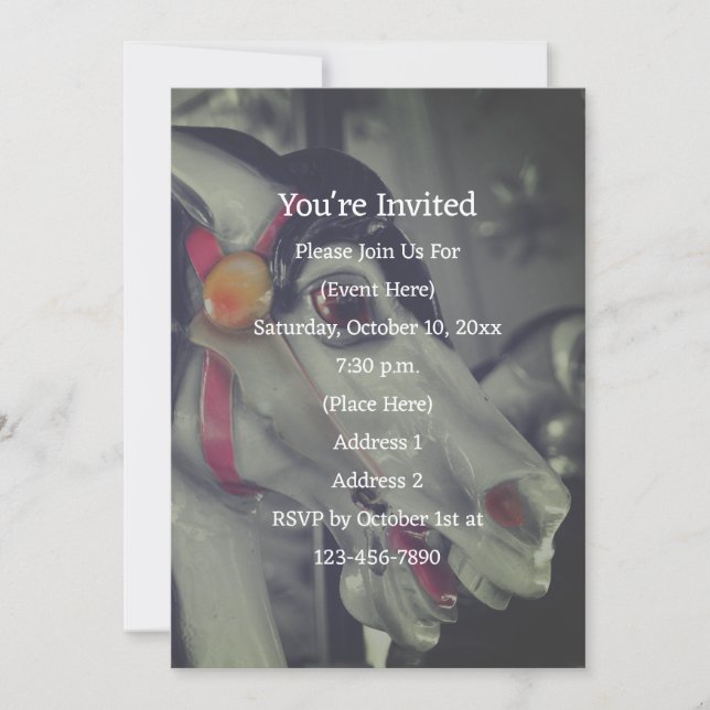 Invitation Cheval de carrousel noir et blanc fête (Devant)