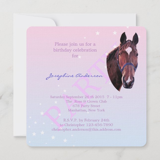 Invitation Cheval de châtaignes avec étoile blanche (Dos)