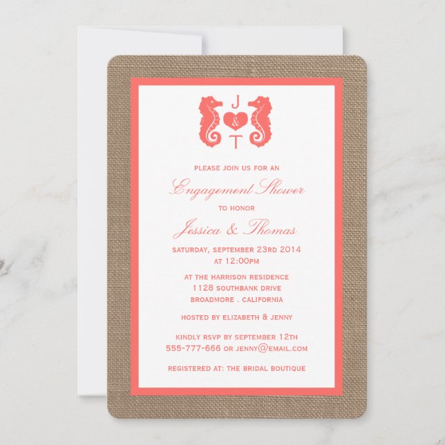 Invitation Cheval De Corail Sur Burlap Beach Fiançailles Douc (Devant)