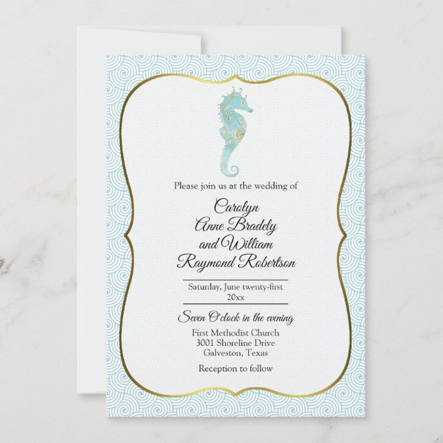 Invitation Cheval de mer avec Mariage de cadre d'onde Aqua (Devant)