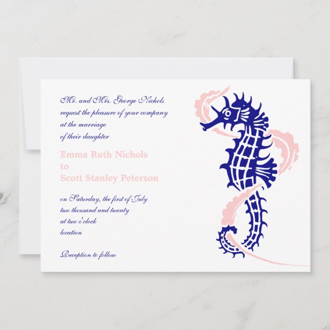 Invitation Cheval de mer et algues bleu marine, mariage rose (Devant)