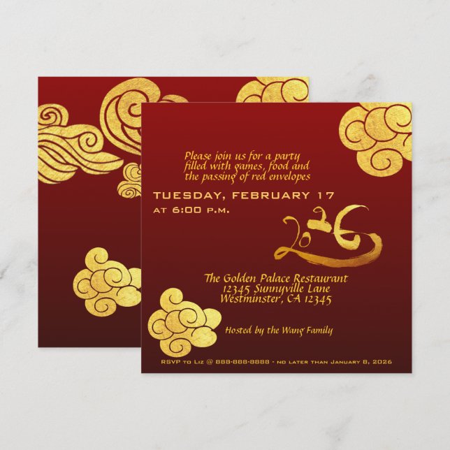 Invitation Cheval de Nouvel An Chinois 2026 Nuages d'Or Texte (Devant / Derrière)