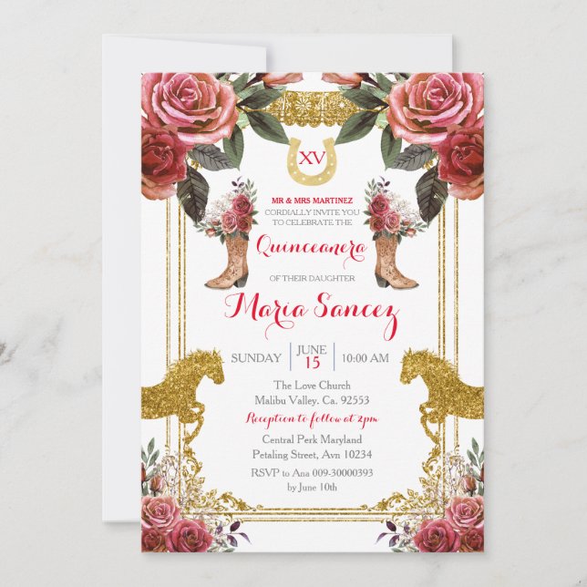 Invitation Cheval du Maron Rouge Charra Mis XV Anos Anniversa (Devant)