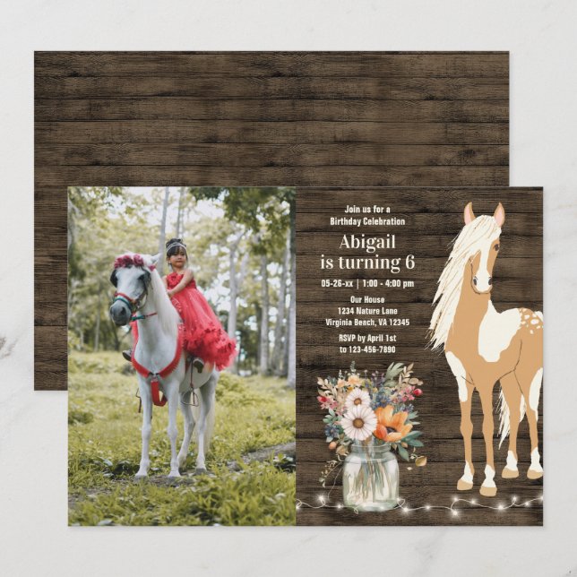 Invitation Cheval et fleurs Bois rustique Photo Anniversaire (Devant / Derrière)