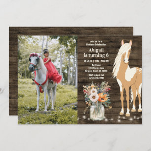 Invitation Cheval et fleurs Bois rustique Photo Anniversaire
