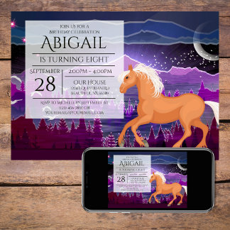 Invitation Cheval et Montagnes Violet et Bleu Anniversaire