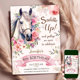 Invitation Cheval Fille 4e anniversaire Fleurs roses selle ve