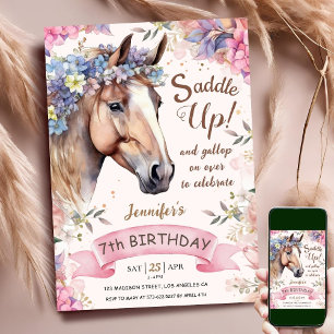 Invitation Cheval Fille 7e anniversaire Fleurs roses selle ve