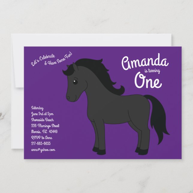 Invitation Cheval mignon enfants 1er anniversaire fête violet (Devant)