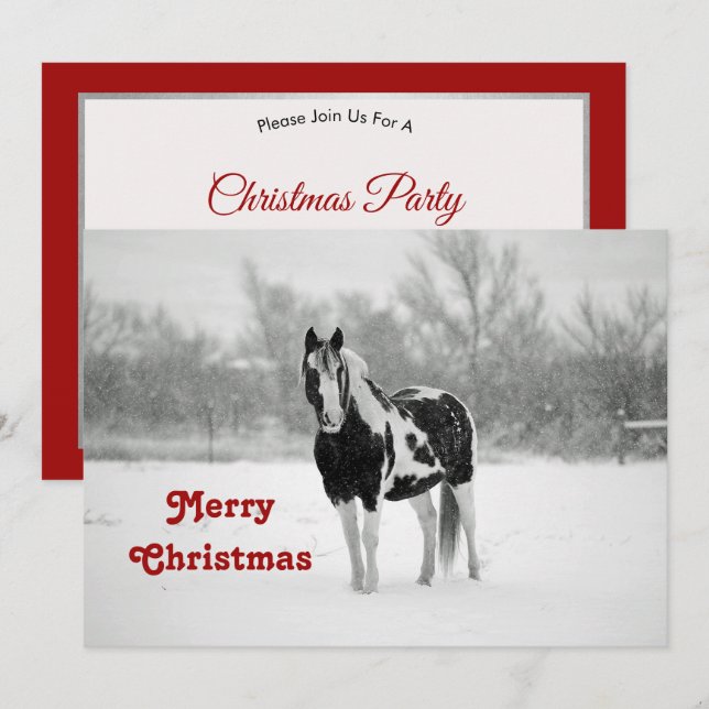 Invitation Cheval noir et blanc Photo neige Noël (Devant / Derrière)