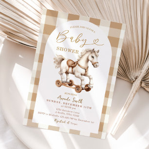 Invitation Cheval Rocheux Beige Brown En vichy Baby shower Ar