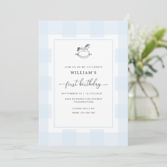 Invitation Cheval Rocheux bleu En vichy 1er anniversaire Invi (Debout devant)