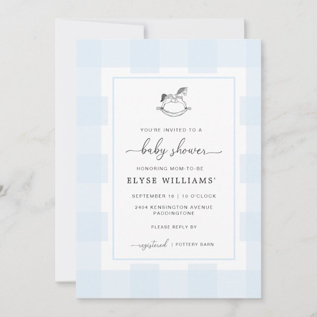 Invitation Cheval Rocheux Blue En vichy Baby shower Invitatio (Devant)