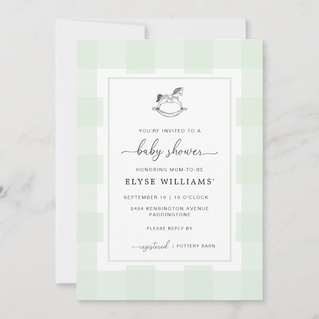 Invitation Cheval Rocheux Green En vichy Baby shower Invitati (Devant)