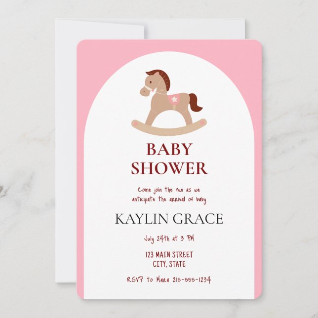Invitation Cheval Rocking Petite fille Baby shower rose (Devant)
