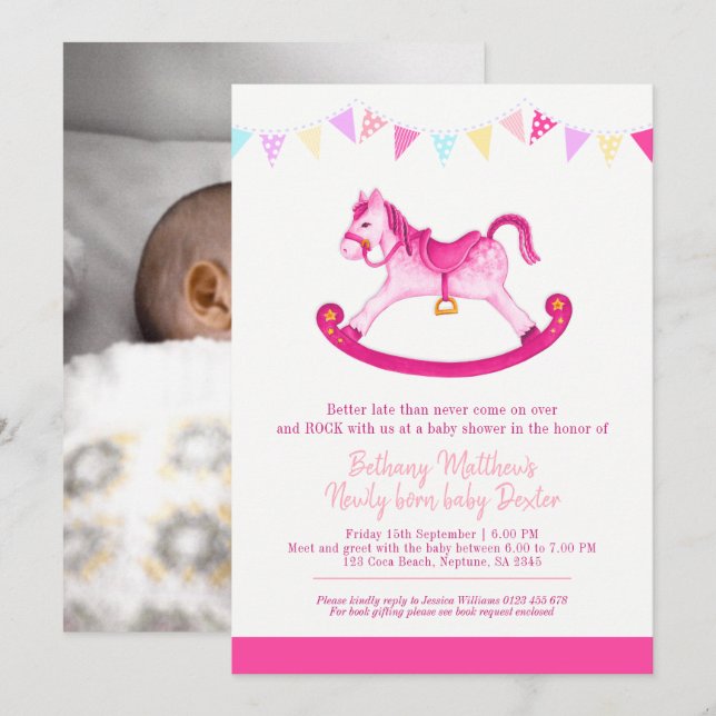 Invitation Cheval rocking rose Baby shower tardif rencontré b (Devant / Derrière)