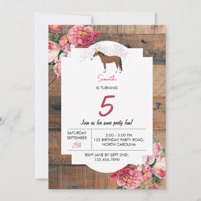 Invitation Cheval Thème Anniversaire Fête Bois Rustique Flora (Devant)