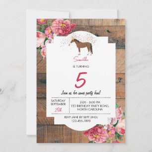 Invitation Cheval Thème Anniversaire Fête Bois Rustique Flora