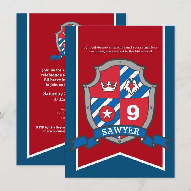 Invitation Chevalier anniversaire de enfant médiéval fête rou (Devant / Derrière)