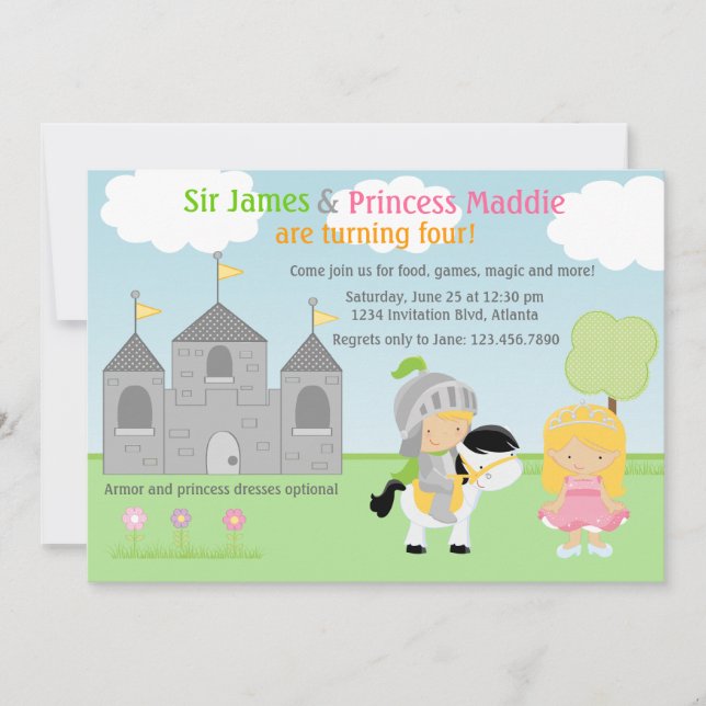 Invitation Chevalier et princesse Twins Joint Party (Devant)