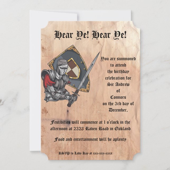 Invitation Chevalier médiéval avec épée et bouclier Anniversa (Devant)