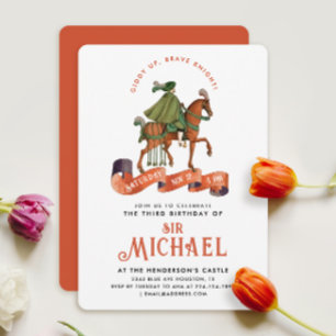 Invitation Chevalier médiéval équestre orange élégant