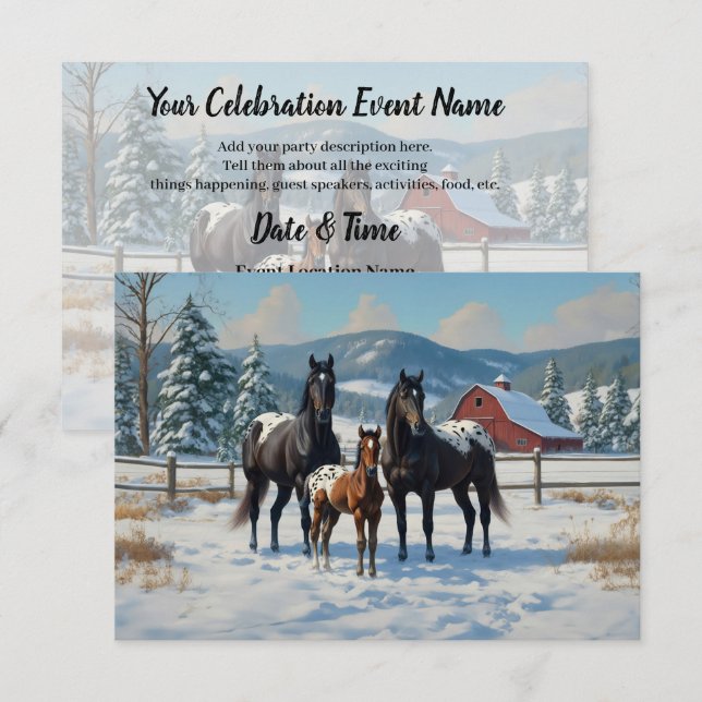 Invitation Chevaux Appaloosa noirs sur une ferme en hiver (Devant / Derrière)