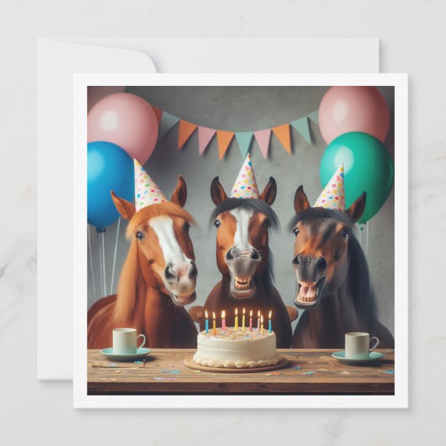 Invitation Chevaux célébrant l'anniversaire avec gâteau et ca (Devant)