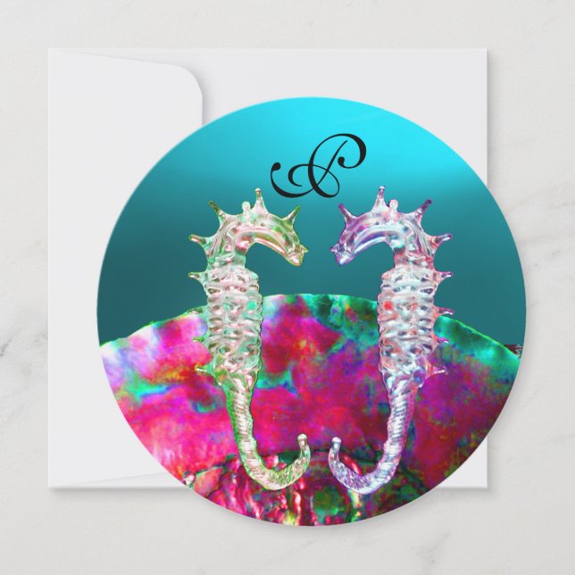 Invitation CHEVAUX DE MER MONOGRAMME DE MARIAGE, bleu rose no (Devant)