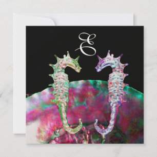 Invitation CHEVAUX DE MER MONOGRAMME DE MARIAGE, bleu rose no